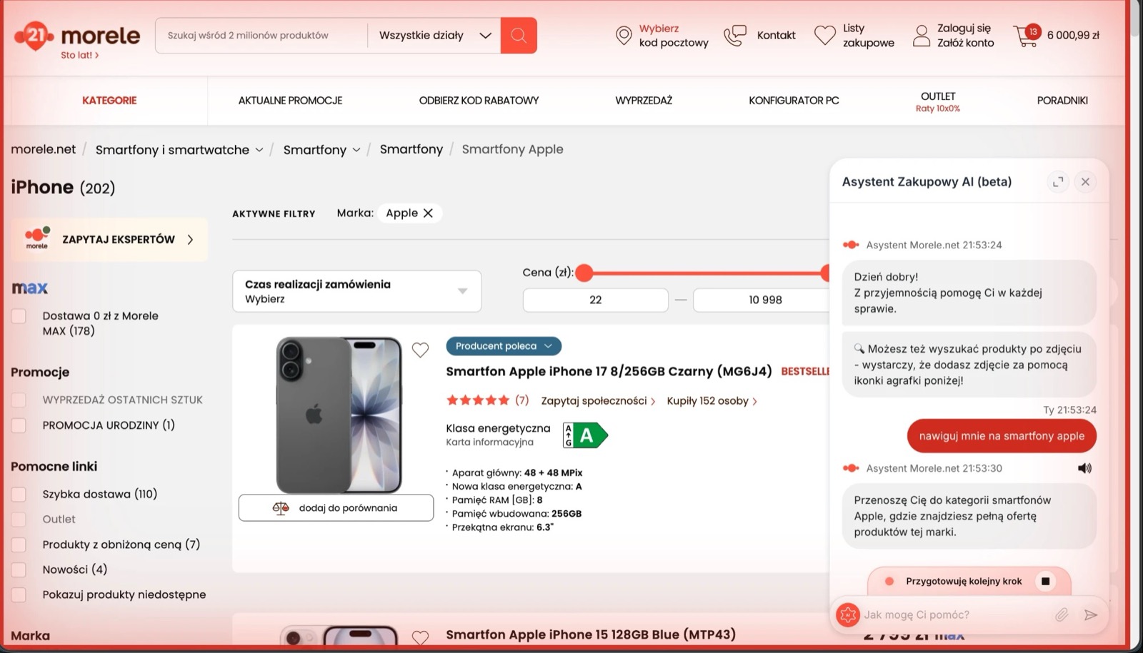 Chat na morele.net: polecenie „nawiguj mnie na smartfony apple” i odpowiedź asystenta, który przenosi klienta do kategorii