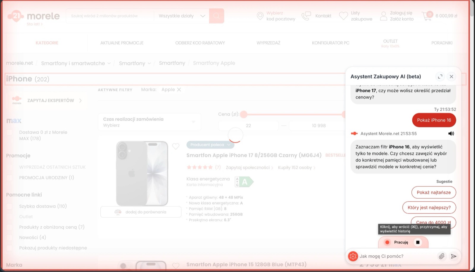Asystent na morele.net w trakcie pracy: przyciemniona strona, ramka wokół ekranu i komunikat „Zaznaczam filtr iPhone 16”