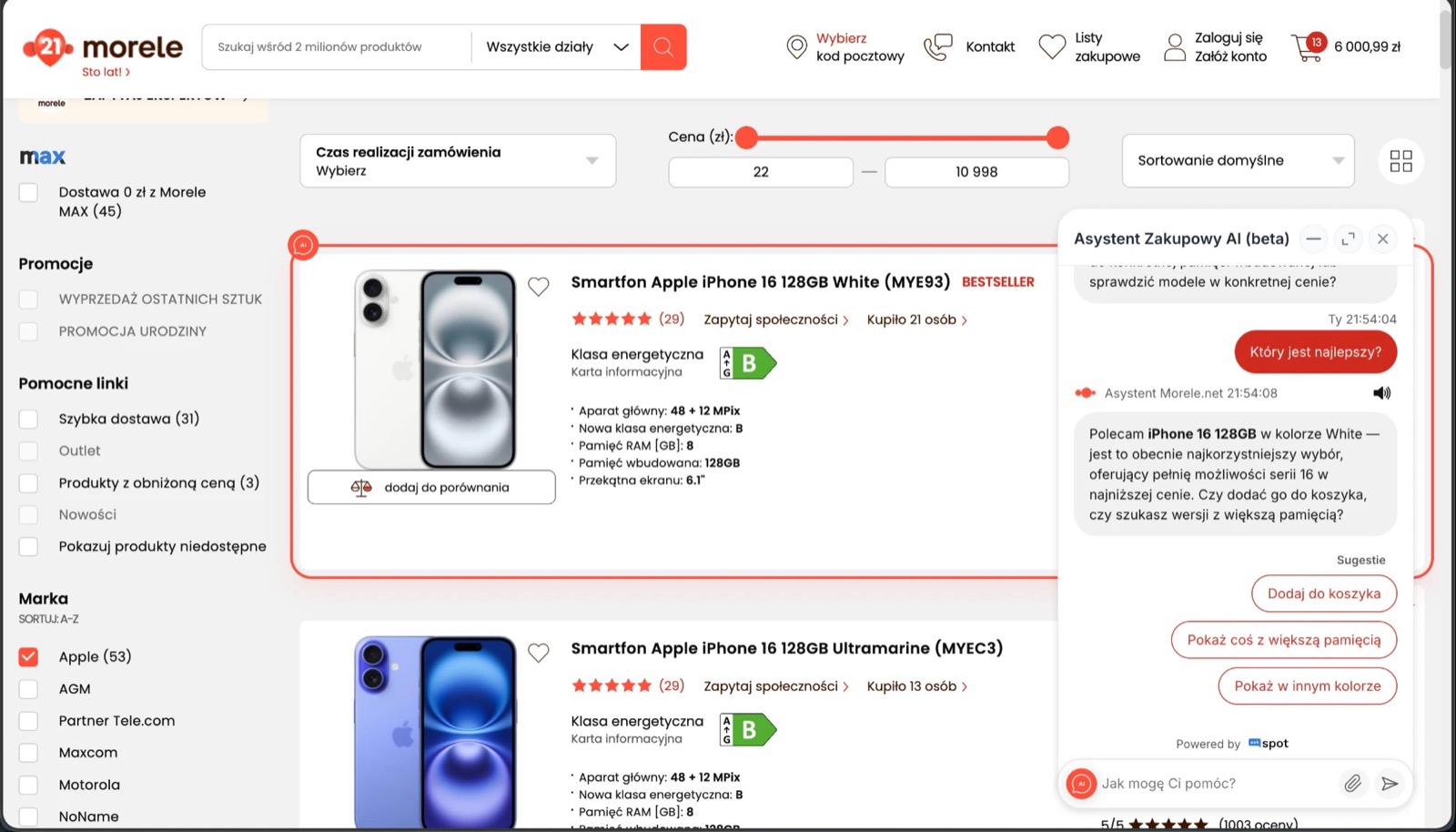 Asystent na morele.net podświetla rekomendowany iPhone 16 na listingu i proponuje akcje: dodaj do koszyka, inna pamięć, inny kolor