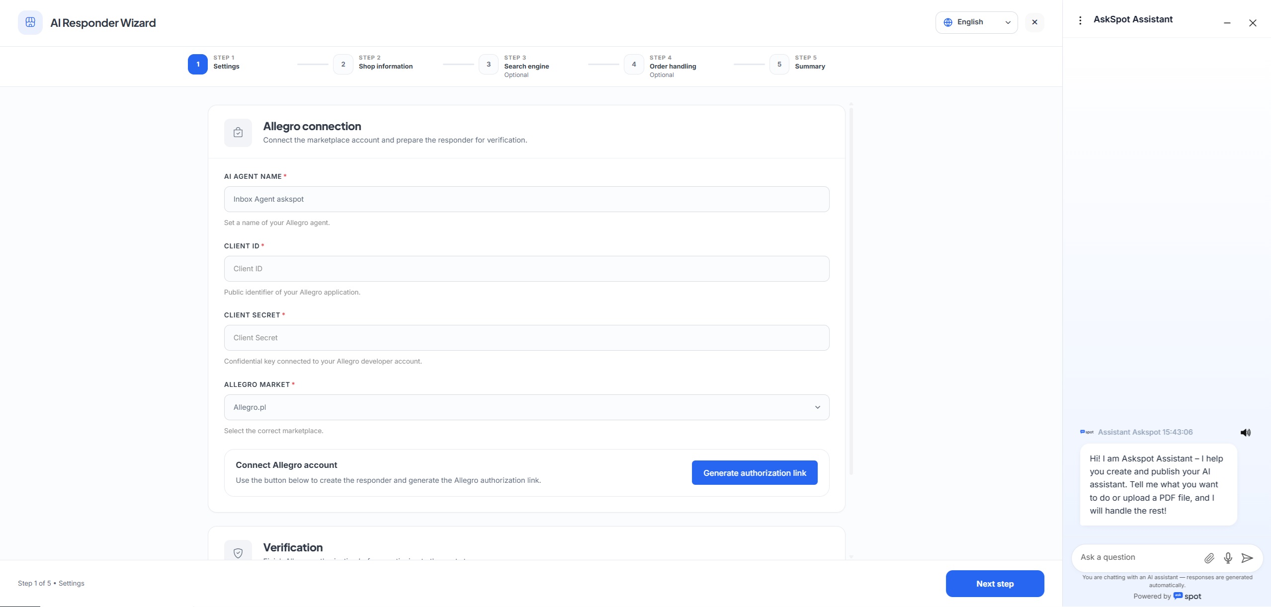 Kreator AI Responder AskSpot – połączenie Allegro: nazwa agenta, Client ID, Client Secret, rynek Allegro i Generate authorization link