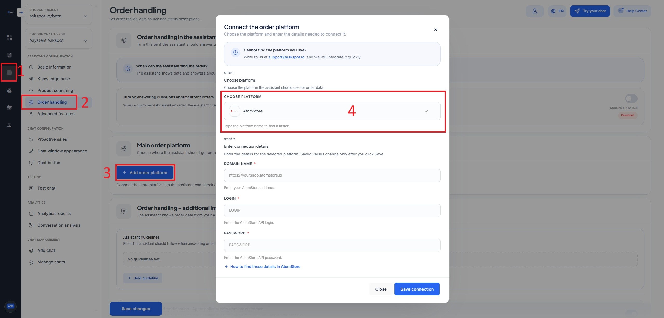 Panel partnera AskSpot: Order handling z oknem Add order platform, wybraną platformą AtomStore oraz polami domena, login i hasło