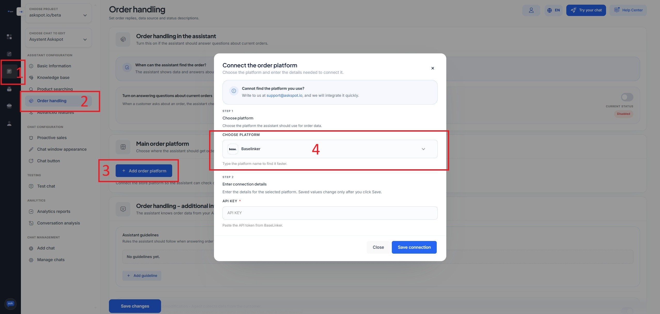 Panel partnera AskSpot: Order handling z oknem Add order platform, wybraną platformą Baselinker oraz pojedynczym polem API key