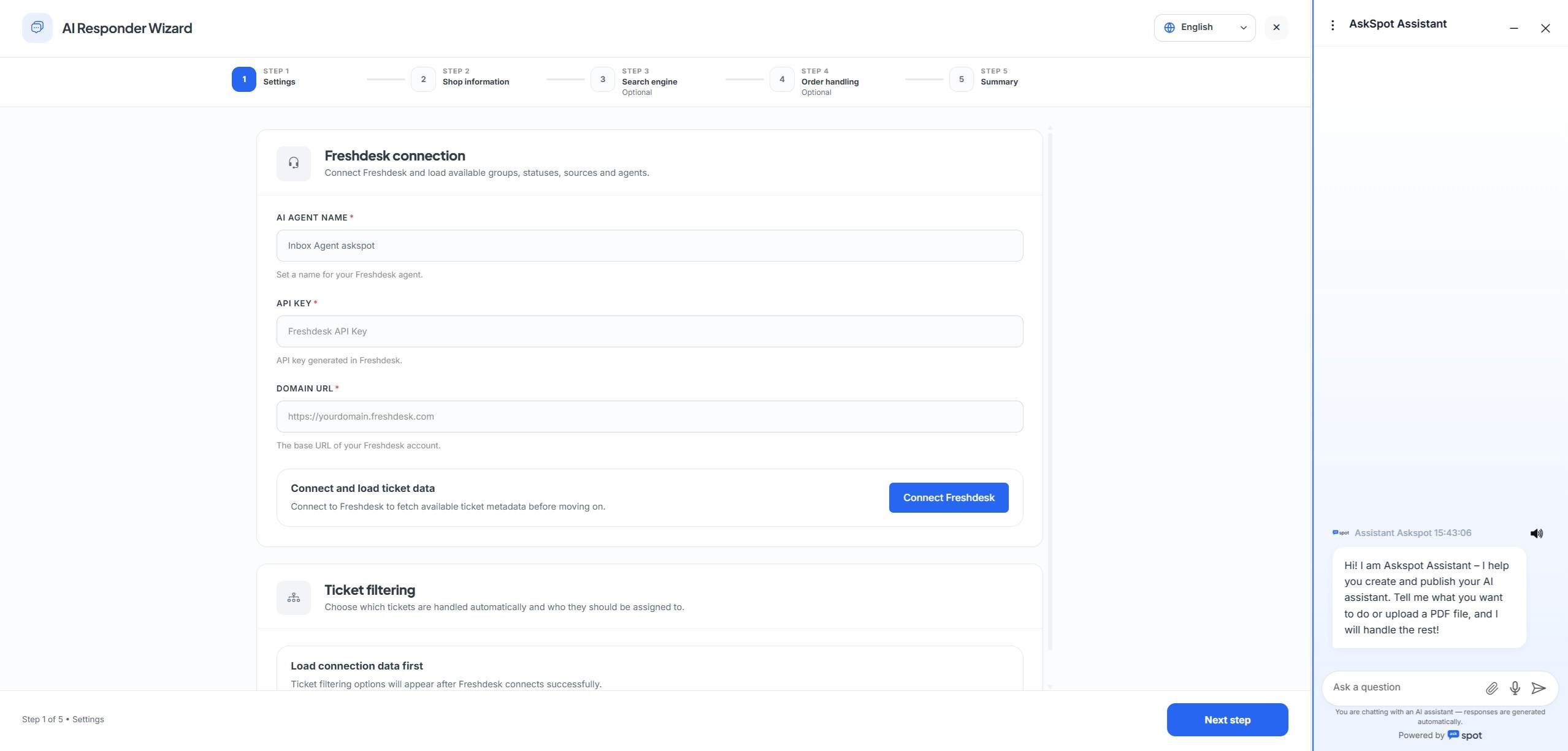 Kreator AI Responder AskSpot – połączenie Freshdesk: nazwa agenta, klucz API i Domain URL