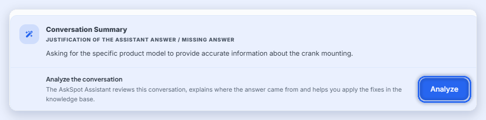 Conversation details: the Analyze the conversation card with the Analyze button highlighted