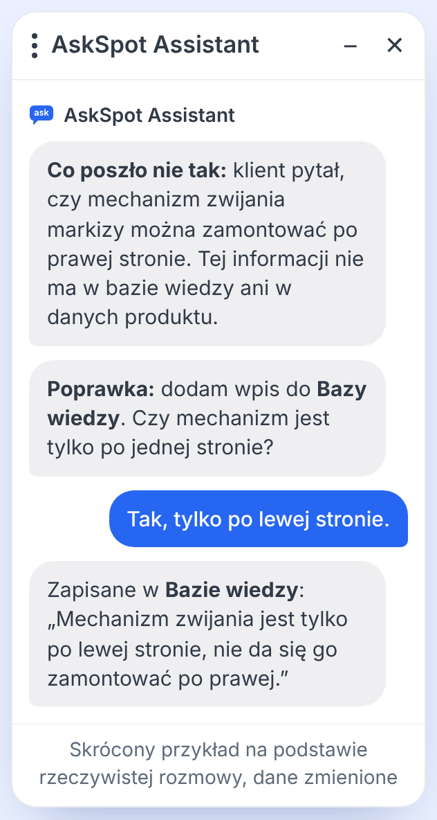 Skrócona analiza w Centrum Pomocy: brak informacji w bazie wiedzy, pytanie do partnera o fakt i zapis wpisu w Bazie wiedzy
