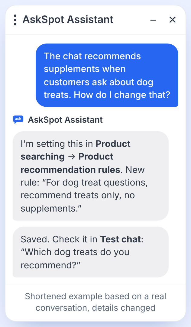 Shortened Help center conversation: the partner reports that the chat recommends supplements for treat questions; the Help center adds a rule in Product recommendation rules and confirms it was saved