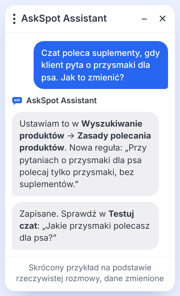 Skrócona rozmowa w Centrum Pomocy: partner zgłasza, że chat poleca suplementy przy pytaniach o przysmaki; Centrum Pomocy dodaje regułę w Zasadach polecania produktów i potwierdza zapis