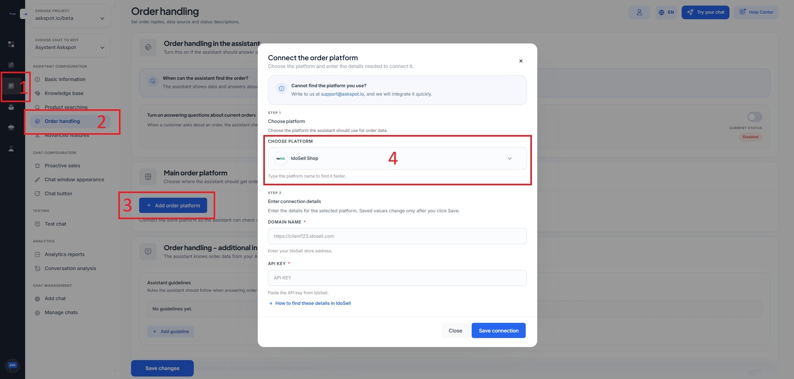 Panel partnera AskSpot: Order handling z oknem Add order platform, wybraną platformą IdoSell Shop oraz polami Domain name i API key