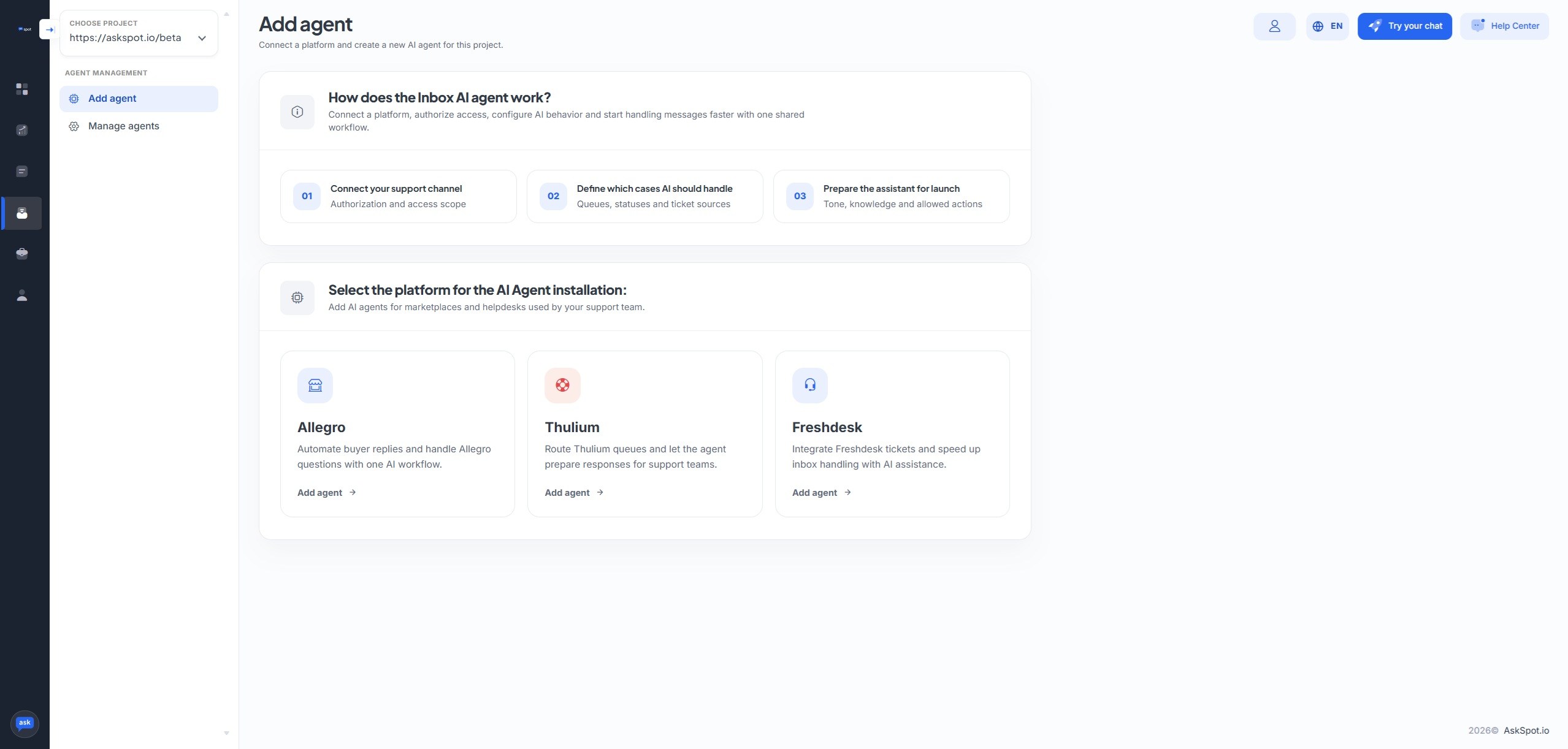 Panel partnera AskSpot: Add agent – wybór platformy dla Agenta Skrzynki AI (Allegro, Thulium, Freshdesk)