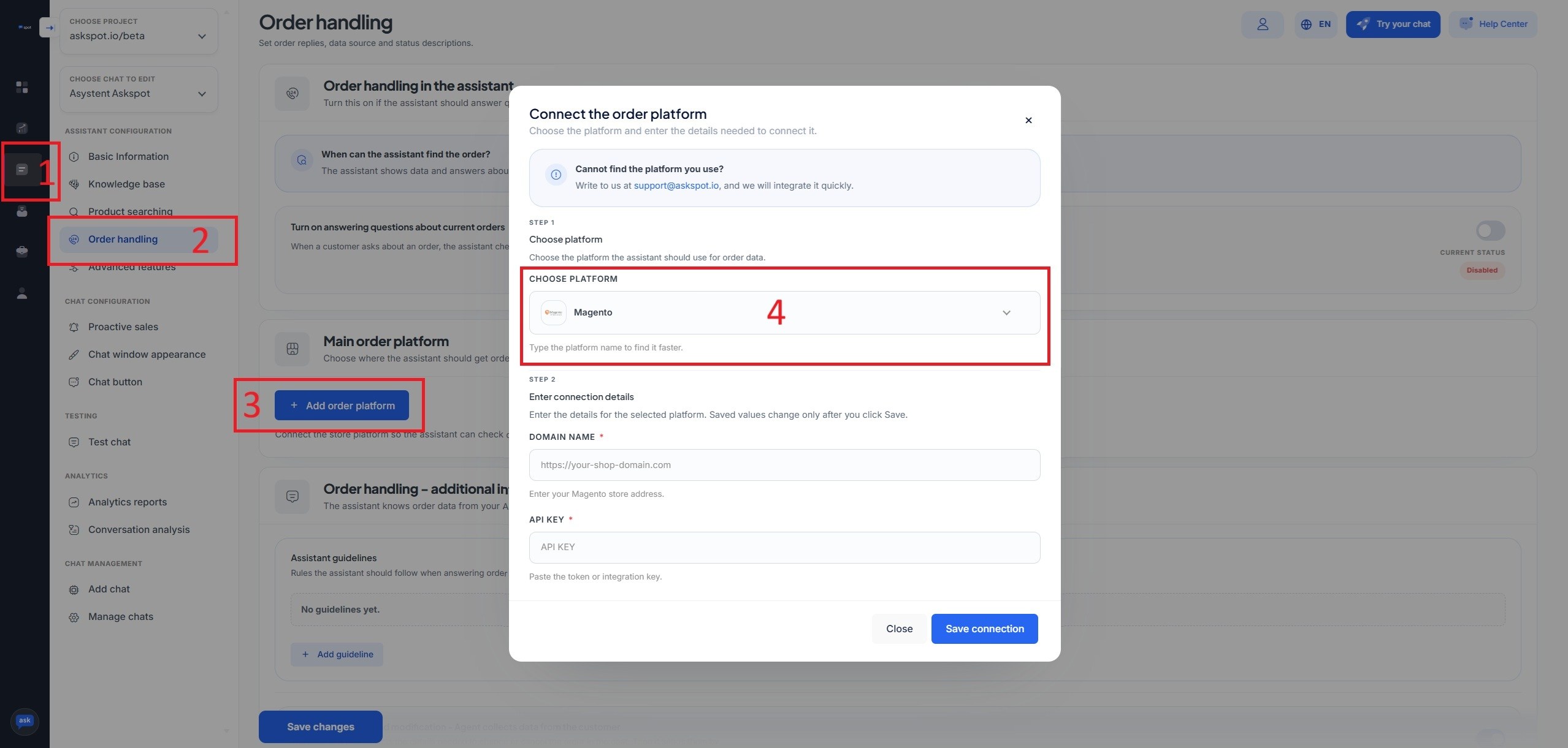 Panel partnera AskSpot: Order handling z oknem Add order platform, wybraną platformą Magento oraz polami Domain name i API key