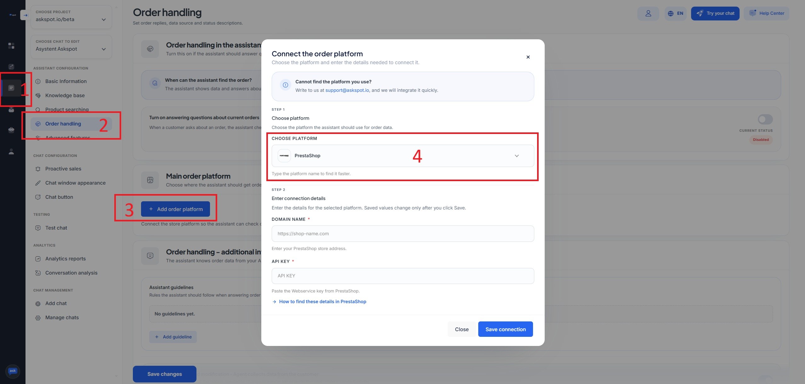 Panel partnera AskSpot: Order handling z oknem Add order platform, wybraną platformą PrestaShop oraz polami Domain name i API key