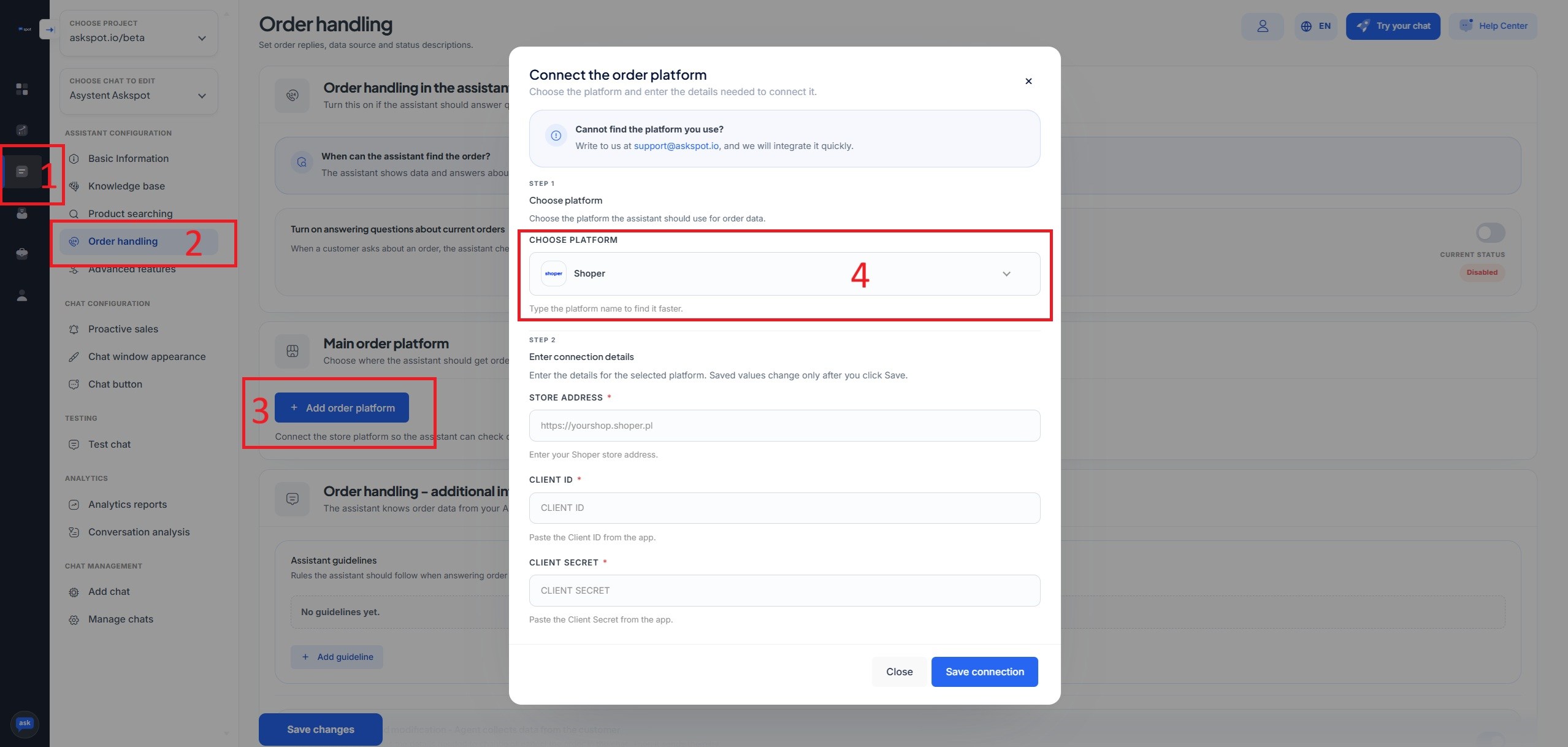 Panel partnera AskSpot: Order handling z oknem Add order platform, wybraną platformą Shoper oraz polami Store address, Client ID i Client Secret