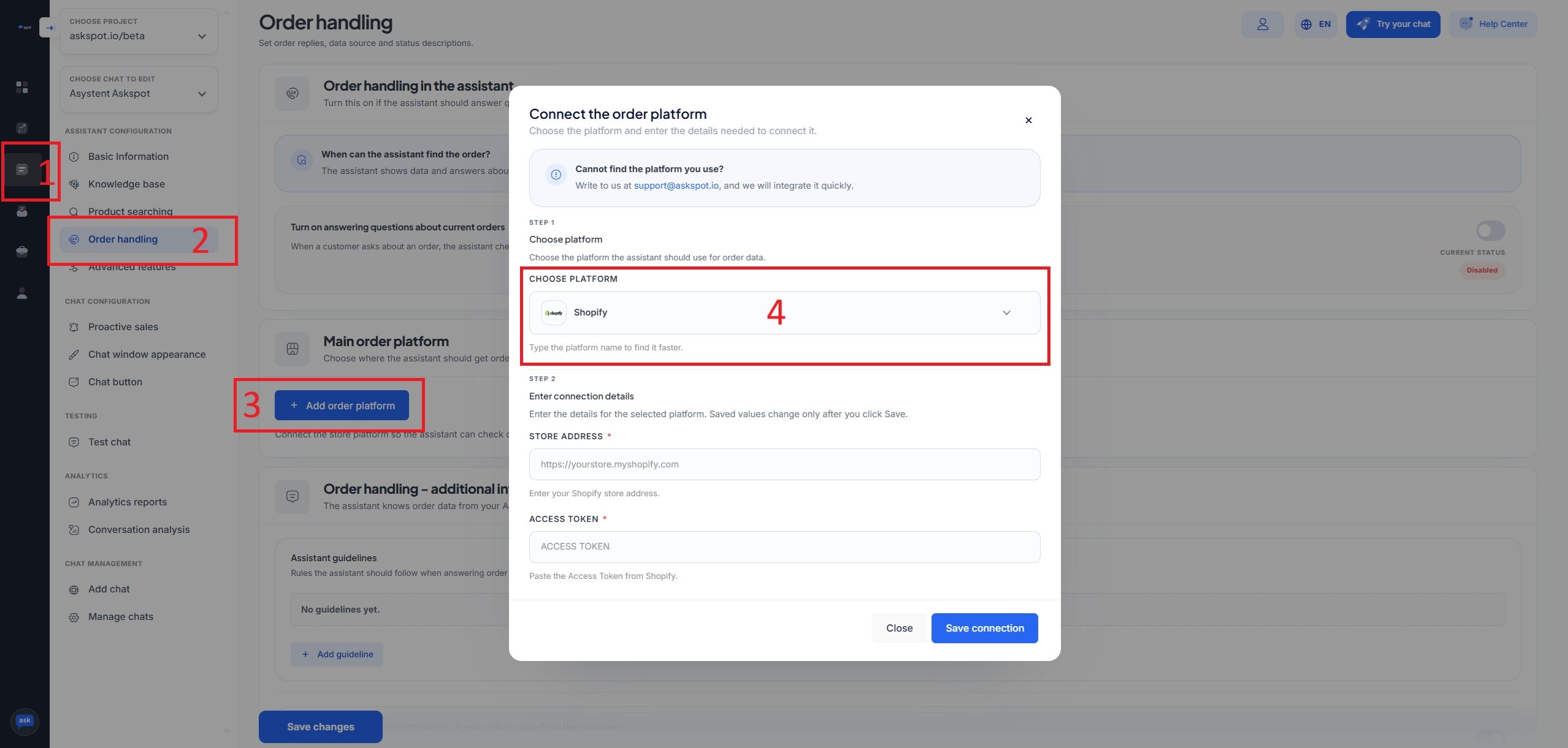 Panel partnera AskSpot: Order handling z oknem Add order platform, wybraną platformą Shopify oraz polami Store address i Access token