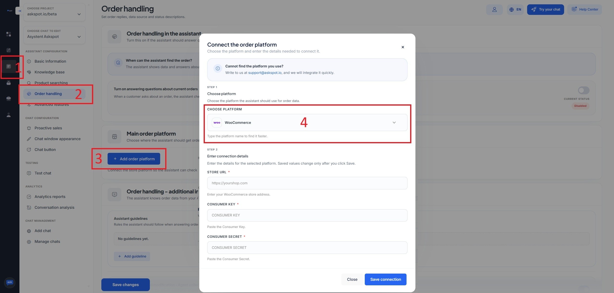 Panel partnera AskSpot: Order handling z oknem Add order platform, wybraną platformą WooCommerce oraz polami Store URL, Consumer Key i Consumer Secret